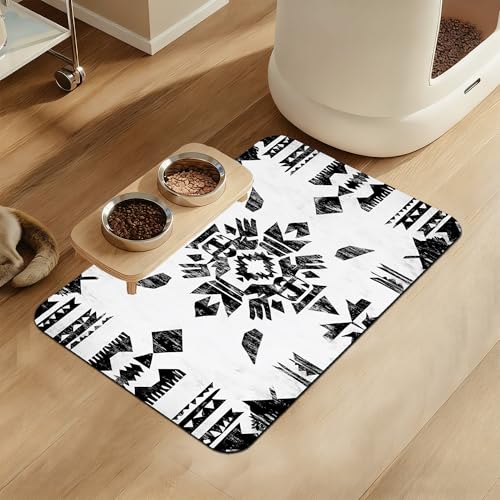 Black Boho Art Dog Food Mat–Absorbent Quick Dry Feeding Placemat for Food and Water Bowls, Non Slip Rubber Backing, Waterproof Pet Supplies for Mess-Free Eating 12"x20" - color: Black Boho Art, size: 12"L x 20"W