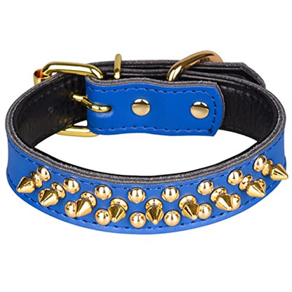 Spiked Studded Dog Collar, Soft Genuine Leather Dog Collar, Adjustable Dog Collars for Small Medium Large Dogs Breeds Pit Bull (S fit Neck 10.5-13", Dark Blue) - color: Dark Blue, size: S fit Neck 10.5-13"