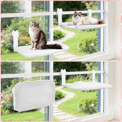2 Pack Cat Window Perch,Cat Window Hammock Cordless Foldable Window Bed with 4 Large Strong Suction Cup,Reversible Cushion Cover,Metal Frame Easy to Adjust Window Seat Holds up to 40lbs(White