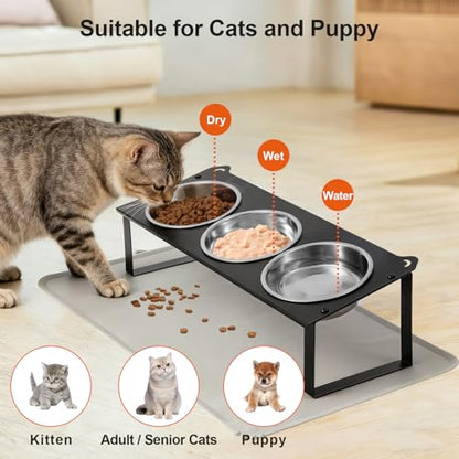 Elevated Cat Bowls with Food Mat, 10°Tilted Non-Slip Raised Cat Food Water Bowls Set, 3 Thick Stainless Steel Pets Dishes with Cute Metal Feeding Stand for Indoor Kitten Puppy, Anti-Vomiting - color: Black-3Bowls
