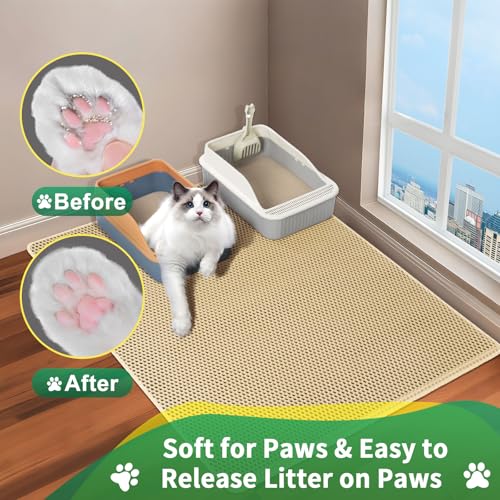GRELY 35''X 25'' Large Litter Mat, 2 Layer Cat Litter Mat Litter Trapping Mat,Litter Box Mats for Floor, Cats Litterbox Catcher Rug for Kitty Pet, Waterproof Urine Proof,Non-Slip - color: Khaki L35"x25"