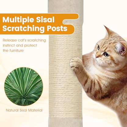PETSITE 66 Inches Tall Cat Tree, Multi-Level Cat Tower with Sisal Scratching Posts, Side Basket, 2 Comfy Condos, Hammock, Soft Padded Top Perch, and Hanging Balls, Ideal for Indoor Cats (Beige) - color: Beige