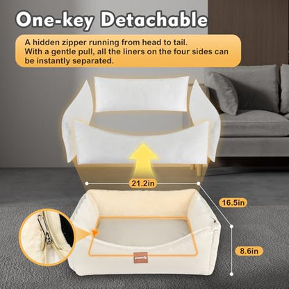 Calming Dog Bed for Medium Dogs,All-Season Leather,Non-Slip One-Key Detachable Washable Dog Bed for Small Dogs Cat Pet Beds with Sides and Cover (White, Medium)