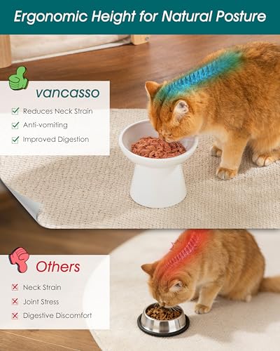 vancasso Elevated Cat Food Bowls 2-Pack, 6.2" Wide Shallow Cat Feeding Bowl for Whisker Fatigue, 5.1" Height Ceramic Raised Food Bowls for Senior Cats, Anti Vomit, White - color: White-Food 2-pack