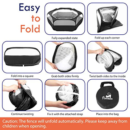 Pawaboo Small Animals Playpen, Waterproof Small Pet Cage Tent with Zippered Cover, Portable Outdoor Yard Fence with 3 Metal Rod for Kitten/Puppy/Guinea Pig/Rabbits/Hamster/Chinchillas, Black - color: H-Black