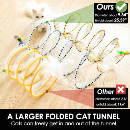 Spiral Tunnel Cat Toy 2 Pcs, 25.59 Inches Unfolded with Cat Wand Self Play Collapsible, Hunting Spiral Tunnel with Feather Mouse Toys and Bell for Indoor Kitten Play Chase Exercise - color: Blue+Yellow