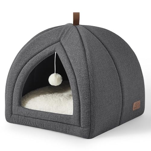 Bedsure Cat Beds for Indoor - 2 in 1 Cat Cave House Tent for Kittens and Small Pets with Removable Washable Cushioned Pillow, Foldable Kitten Hideaway with Non-Slip Bottom, Dark Grey, 17.3 inches - color: Dark Grey, size: L(17.3x17.3x17.3)