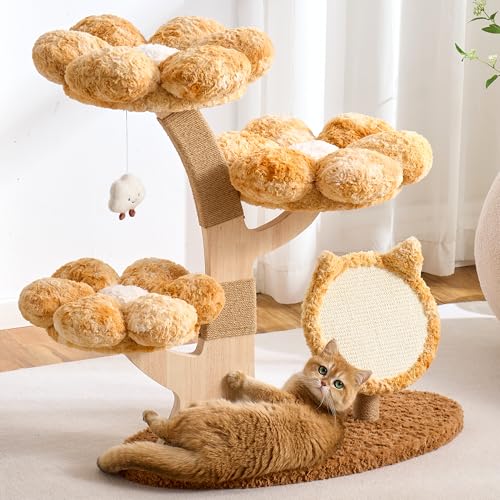 Modern Cat Tree Tower for Indoor Cats Large Adult, 37 inch Flower Cat Tree with Scratching Post, Luxury Aesthetic Cat Tree with Cloud-Soft Flower Perches and Physical Mouse-Sound Hanging Toy - color: caramel orange, size: 37 inch-Cat Scratcher