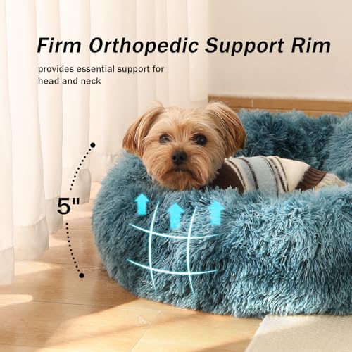 Calming Donut Dog Bed for Small to Medium Dogs & Cats - Plush Faux Fur Anti-Anxiety Pet Bed with Machine Washable Cover & Non-Slip Base - color: Gradient Blue, size: Small 19.6''