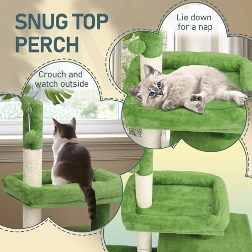 36in Cat Tree with Leaves, Multi-Level Cat Tower with Scratching Post, Cozy Condo & Padded Perch, Dangling Ball for Kittens and Indoor Cats, Compact Cat Furniture for Small Spaces, Green