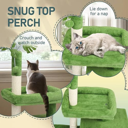 36in Cat Tree with Leaves, Multi-Level Cat Tower with Scratching Post, Cozy Condo & Padded Perch, Dangling Ball for Kittens and Indoor Cats, Compact Cat Furniture for Small Spaces, Green