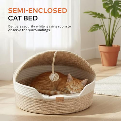 Cat Basket Bed with Washable Cushion and Ball Rope Cotton, Covered Pet Bed for Indoor Cats Cave Bed Hooded, Stimulicat Cat Bed Handwoven Breathable, All Season Universal(White) - color: White