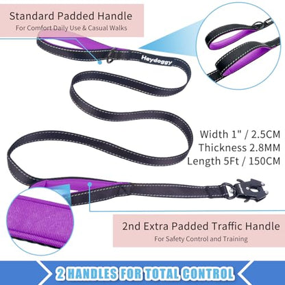 Strong Heavy Duty Dog Leash - 5ft Reflective Nylon Training Leash with Soft Padded Double Handle & Auto Lock Frog Clip - Safety Traffic Control for Large Medium Small Dog No Pull Walk Black Purple,5ft - color: Black Purple, size: 5FT x 1" x 2.8MM