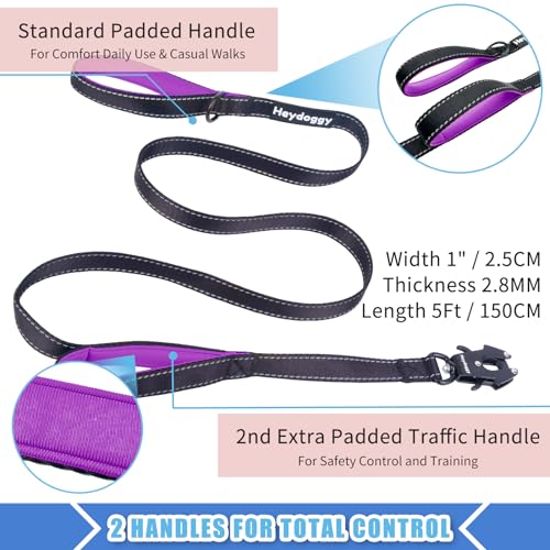 Strong Heavy Duty Dog Leash - 5ft Reflective Nylon Training Leash with Soft Padded Double Handle & Auto Lock Frog Clip - Safety Traffic Control for Large Medium Small Dog No Pull Walk Black Purple,5ft - color: Black Purple, size: 5FT x 1" x 2.8MM