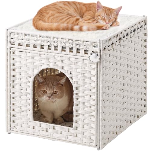SETVSON Cat Beds for Indoor Cats Extra Large Double Cat Cave Pet Cube, Handwoven Rattan Cat Houses with Double-Sided Soft Cushions, 18.5 x 20.5 x 19.1 Inches Foldable Hideaway in Living Room White - color: White, size: Rectangle-XL