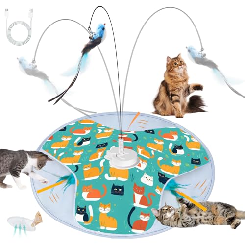 Interactive Cat Toy, Rechargeable Automatic Cat Toys for Indoor Cats, Motion Activated Hide and Seek Toy with Bird Cat Wand, Moving Feather for Bored Indoor Cats/Kittens (Kitty Cat Toy)