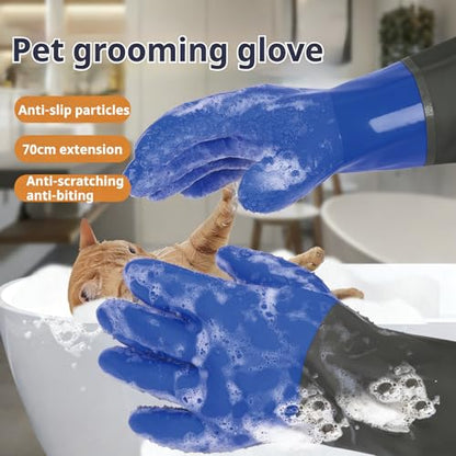 YOFANG 27.2" Pet Grooming Bathing Gloves,Extra Long Waterproof Rubber Washing Gloves for Dogs & Cats,Anti-Bite Anti-Scratch Hair Removal Cat Bath Gloves with 3000+ Massage Particles,Blue/Green ﻿ - color: Blue and Green