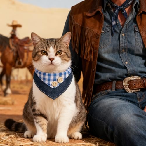 SCENEREAL Breakaway Cat Collar with Bandana Bell, Cute Cat Bandana Collar with Removable Bow Tie for Cats Puppy Kittens Small Dogs, Blue Plaid - color: Blue Plaid