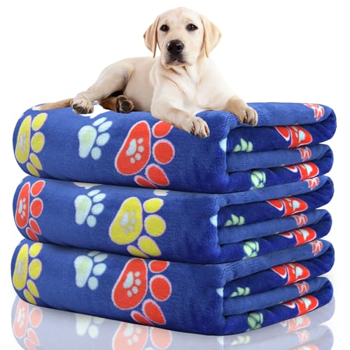 Rezutan 1 Pack 3 Dog Blanket for Large Dogs,41x31 inch for Medium Soft Fluffy Washable Pet Cat Blankets,Reversible Elephant & Paw Print for Dog Kennels & Beds, Sofas, Blue - color: 3pack Blue, size: Large,41x31inch