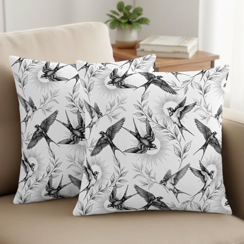 Throw Pillow Covers Set of 2 Swallows Decor Pillow Covers with Zipper Animal Sun Leaf Nature Botanical Pillowcase Cushion Cover for Sofa Couch Bed Home 16x16 Inch - color: Black, White, Gray, size: 16" x 16" (Pack of 2)
