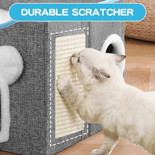 Cat House for Indoor Cats, Large Cat Bed Cave with Scratch Pad and Fluffy Ball, Foldable Cat Hideaway Condo, Kitten Bed, 16x16x13inch (Grey, Large) - color: Grey