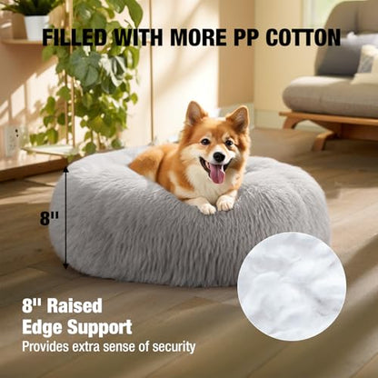 Veehoo Calming Donut Cat Bed for Small Cats Dogs-Round Small Cat Dog Bed, Anti Anxiety Fluffy Faux Plush Cuddler Washable Puppy Bed, Warming Soft Cushion Pet Bed Fits up to 15 lbs Pet, 20", Light Grey