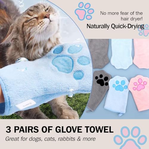 Dog Drying Mitts 3 Pairs Super Absorbent, Ultra Soft Microfiber Pet Bath Towel Gloves for Quickly Drying Dogs Cats, Grooming Hand Towels for Muddy Paws, Ears, Underbelly after Bathing Rainy Walks