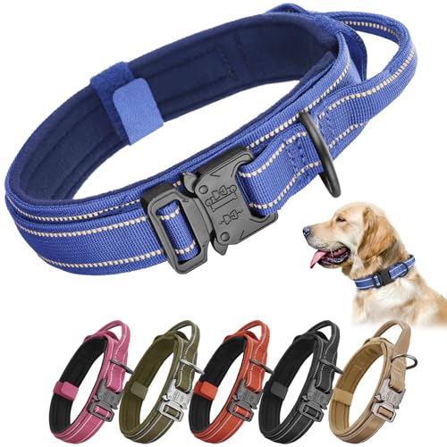 Tactical Dog Collar for Medium & Large Dogs - Military Nylon Heavy Duty Collar with Handle, Reflective Strip & Metal Buckle for Training, Outdoor (Reflective Dark Blue, Medium) - color: Reflective Dark Blue, size: Medium