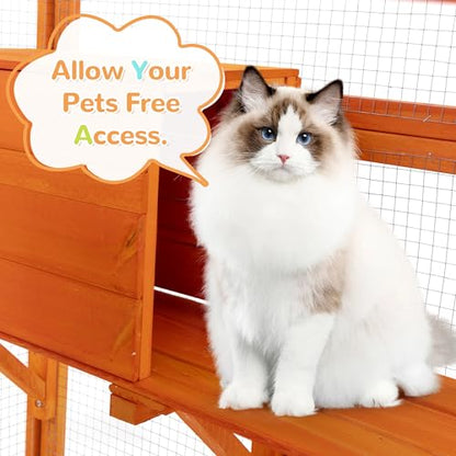 COZIWOW Large Wooden Cat Cage with Perche and Condo, Play Run Enclosure Indoor Kitty Window Kennel with Waterproof Roof&Safety Lock, 7 Platforms & 2 Resting Box, 62.4"L x 32.4"W x 70"H, Deep Orange