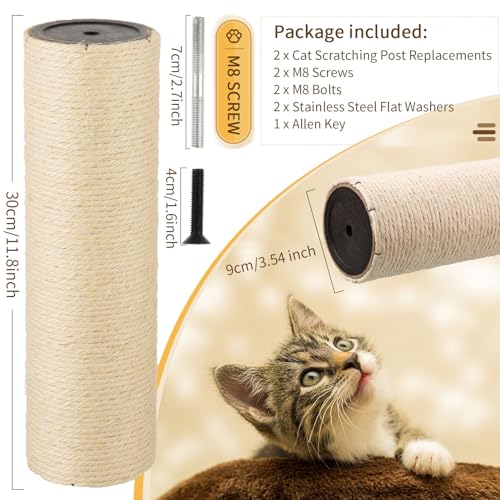 2 Root Cat Scratching Post Replacement 11.81x3.54 Cat Tree Scratch Post Replacement Natural Sisal Pole Cat Scratch Post Refill Pole Part with M8 Screws for Kitten Tree Tower Cat Furniture Accessories - color: 30cm/11.81in