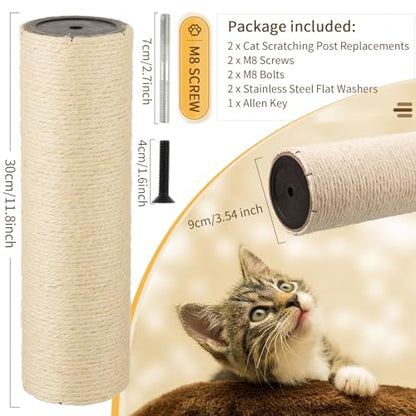 2 Root Cat Scratching Post Replacement 11.81x3.54 Cat Tree Scratch Post Replacement Natural Sisal Pole Cat Scratch Post Refill Pole Part with M8 Screws for Kitten Tree Tower Cat Furniture Accessories - color: 30cm/11.81in
