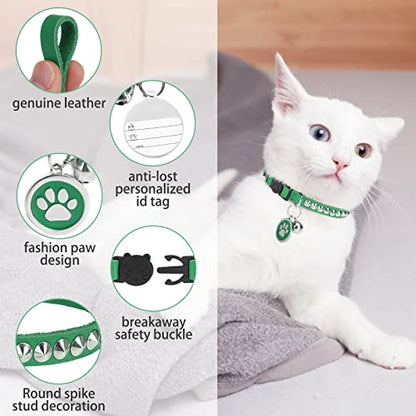 Leather Personalized Breakaway Cat Collar with Studded Bell and Safety Quick Release Buckle - Rivets Studded ID DIY Collars for Boy Girl Cats Kittens, 9" - 11.5" Green - color: Green, size: 9"-11.5"