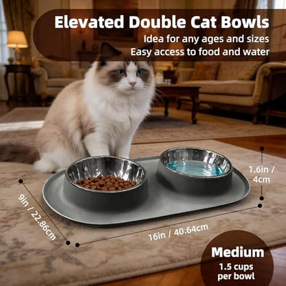 Double Cat Food Bowls with Silicone Base, Stainless Steel Dishes, Non-Slip Feeding & Water Station, Easy-Clean Pet Bowls for Cats, 1.75-Cup Capacity Each, Grey
