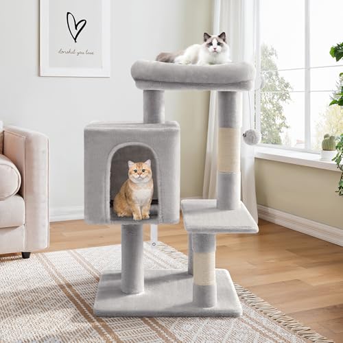 Allewie 29 Inches Cat Tree Tower/Plush Perches Platform/Condo/House/Sisal Scratching Posts/Multi-Level Activity Center Furniture for Kittens/Grey - color: Grey