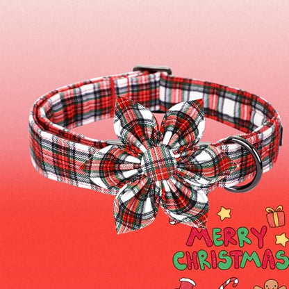 Christmas Dog Collar, Red Plaid Dog Collars with Flower Adjustable Pet Collar Premium Metal Buckle, Christmas Puppy Necklace for X-Small Girl and Boy Dogs - color: B: Christmas Plaid, size: X-Small (Pack of 1)