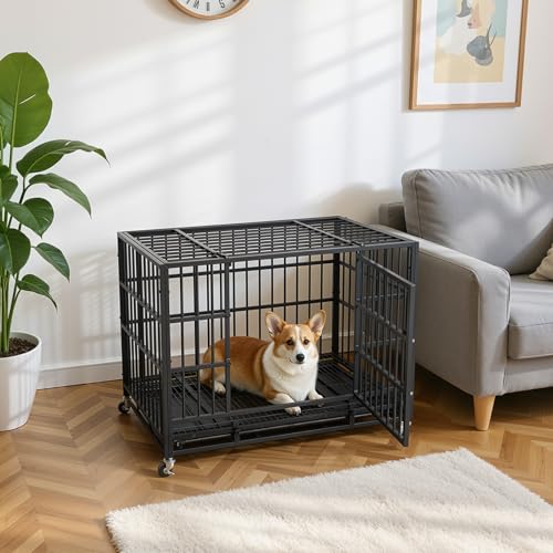 VOWNER 38 inch Heavy Duty Indestructible Dog Crate, Escape-Proof Dog Crate Cage Kennel with 4 Lockable Wheels, High Anxiety Dog Crate with Double Door and Removable Tray Design, for Large Dogs - size: 38.2"L x 24.9"W x 29.1"H