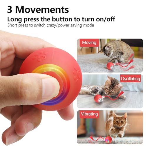 FUNNYDUCK Speed 2.0 Tail Interactive Cat Toys for Indoor Cats – Smart Motion-Activated Rolling Ball with Tail, Chirping Sounds, and USB Rechargeable Design for Enrichment & Exercise - color: Red