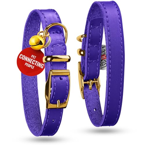 WAUDOG Leather Cat Collar with Removable Bell and QR ID Tag for Small, Medium and Large Breeds Adjustable Long Lasting Classic Kitten Collars Boy & Girl - color: Purple, size: 6" - 8"