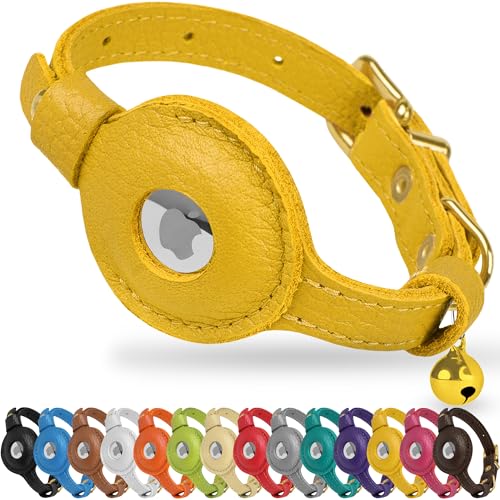 OOPSDOGGY Leather AirTag Cat Collar with Bell - Non Breakaway Kitten Collar with Apple Air Tag Holder - Lightweight GPS Pet Collars for Girl Boy Cats, Small Dogs, Puppies (Yellow) - color: Yellow