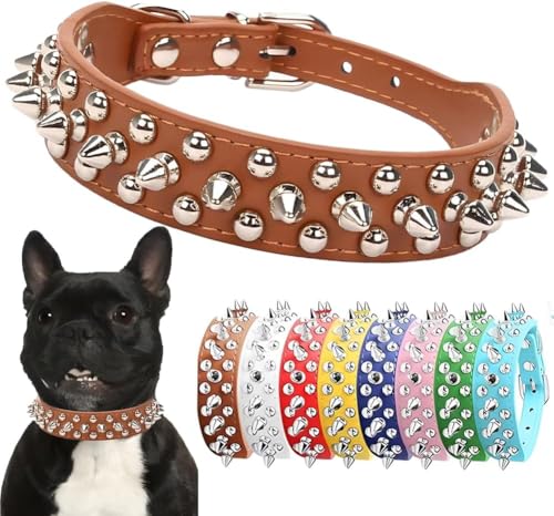 Spiked Dog Collar, Mushrooms Rivet Spike Anti-Bite Studded Protective Pet Neck Pu Leather Puppy Collars for XS Small Medium Large Boy Dogs Male Cats Goat (Brown, S) - color: Brown, size: S