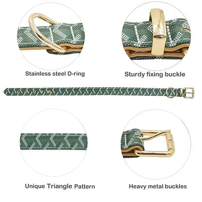 Leather Dog Collar and Leash Set, Check Pattern Dog Collar Leashes Metal Buckle Adjustable Durable for Small Medium Large Dogs (Green, XL(18-22IN)) - color: Green, size: XL(18-22IN)
