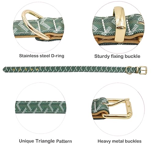 Leather Dog Collar and Leash Set, Check Pattern Dog Collar Leashes Metal Buckle Adjustable Durable for Small Medium Large Dogs (Green, M(11.8-15IN)) - color: Green, size: M(11.8-15IN)