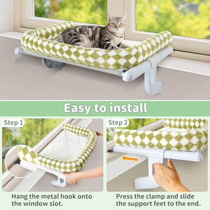Cat Window Perch Hammock Sturdy Windowsill Bed Seat for Large Cats No Drilling No Suction Adjustable Kitty Shelf with Washable Cover Easy Assembly Holds up to 40 lbs 24.8 * 15 in (Green, L) - color: Green, size: 24.8x15in