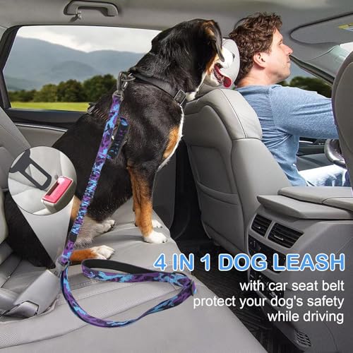 2 Pack Heavy Duty Dog Leash for Medium Large Dogs that Pull,4-6FT Shock Absorbing Bungee Tactical Dog Leash with 2 Padded Handle Car Seatbelt,Reflective Walking Training Lead,Purple Camo - color: 2-Pack Purple Camo