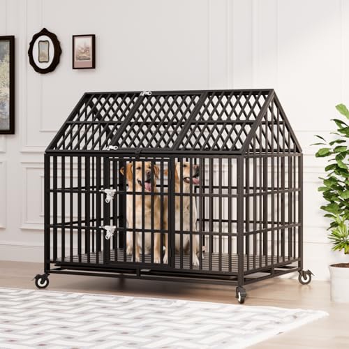 54" Indestructible Heavy Duty Dog Crate, Large Strong Steel Escape Proof Cage Dog Kennel for Large Giant Dogs with 4 Wheels, 2 Trays, 2 Doors, XXL