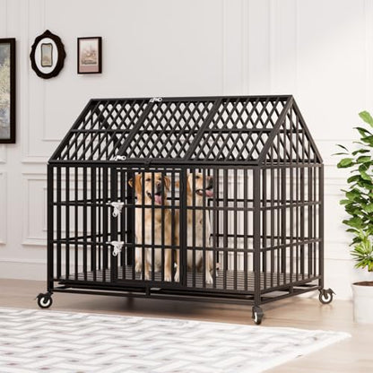 54" Indestructible Heavy Duty Dog Crate, Large Strong Steel Escape Proof Cage Dog Kennel for Large Giant Dogs with 4 Wheels, 2 Trays, 2 Doors, XXL