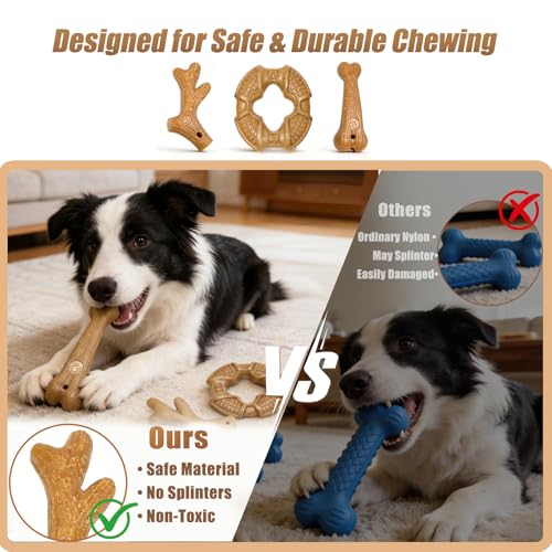 Dog Chew Toys for Aggressive Chewers, 3 Pack Nylon & Wood Teething Bone Toy Set with Chicken Flavor, Durable Tough Bones Chewing Toys for Small & Medium Dogs - style: 3Pack-Medium