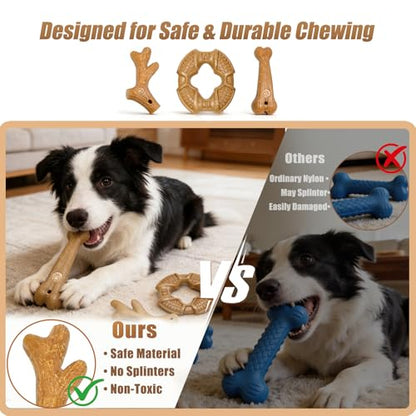 Dog Chew Toys for Aggressive Chewers, 3 Pack Nylon & Wood Teething Bone Toy Set with Chicken Flavor, Durable Tough Bones Chewing Toys for Small & Medium Dogs - style: 3Pack-Medium