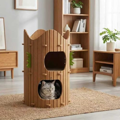 2-Tier Felt Cat House Thickened Felt Cat Cave House with Hanging Toy Ball, Enclosed Sleeping Nest for Cats, Indoor Pet Rest & Play Hut (Brown)