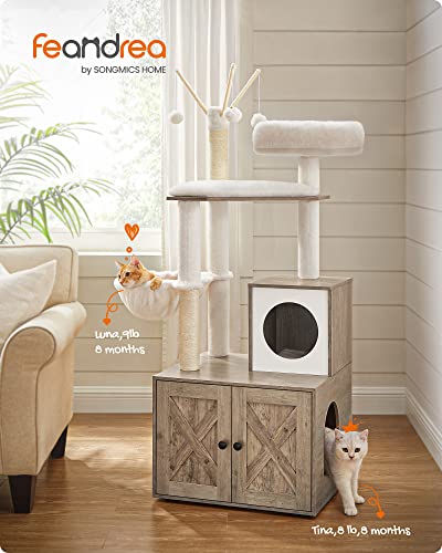 Feandrea Cat Tree with Litter Box Enclosure, 59-Inch Modern Cat Tower, 2-in-1 Condo with Scratching Posts, Washable Removable Cushion, Greige UPCT113G01 - color: Greige